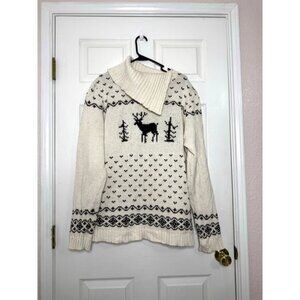 Women's Eddie Bauer Wool Fair Isle Reindeer Cowl Neck Sweater in White size XXL